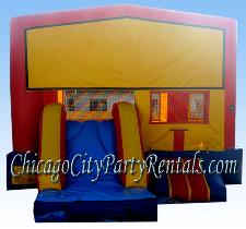 3 in 1 Slide Bounce House, Moon Jump Rental, Includes Basketball Hoop & Slide.  Add a Favorite Character Panel to This Rental at no Additional Cost. These 3-1 Combos are compact but Yet feature a Large Jumping Area. Rental in Chicago Illinois and Suburbs.