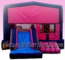 3 in 1 Pink Inflatable Combo Rental Chicago, IL Moonwalks, Bounce House, Moonjump Rental Chicago.  Great for any girls birthday party.  Features Slide & Basketball Hoop.