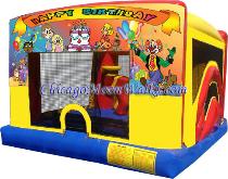 4 in 1 Happy Birthday Indoor Combo Bounce House Moonwalk.  Fun Activities Include Basketball Hoop, Slide, Pop-up Obstacle, and Large Jumping Area.  Chicago Moonwalks Rental always provides Clean & Sanitized Jumping Balloons everyone Loves!  Reserve yours Today.