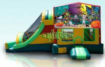 Haunting 4 in 1 Inflatable Combo Rental Chicago, Illinois. Includes slide, Basketball Hoop and Climbing wall. Children's Party Rentals Chicago, IL