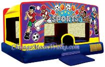 Sports Theme Indoor Moonwalk Moonbounce Inflatable Bouncer Rental, Bounce House Moonjump Rental Chicago.  Great for an Indoor Birthday party where ceiling space is limited.  This is great to have fun despite the weather.