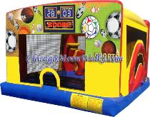4 in 1 Sports Theme Indoor Bounce House Combo Includes Slide, Basketball Hoop, Pop-Up Obstacles, and Large Jumpy Area.  Great for smaller venues with height limitations.  Take the party indoors if the weather is bad.  This Moonwalk Rental will bring smiles to your Little Guests.