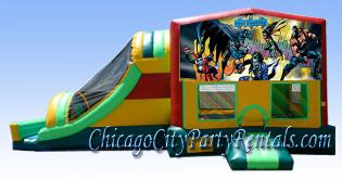 Batman & Robin, Combo Chicago Moonwalk Rental.  Includes slide, basketball hoop & climbing wall.  Bounce House Castle.  Make your event memorable, Rent an Inflatable Moonwalk.  We service Chicago IL & surrounding suburbs.