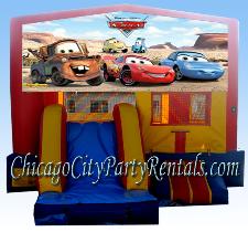 Amazing! Disney Pixar Cars Combo MoonWalk Rental Chicago. Inflatable slide combo with Large Jumpy Area & Basketball Hoop. Chicago, Illinois Suburbs Party Rental. Features Characters Lighting McQueen, Mater, Sally, Guido & Luigi.  Entertainment for Children & Kids Parties. 