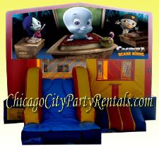Halloween Bounce House Rental Chicago IL, Casper The Friendly Ghost Inflatable Party Rental Moonwalk. Features Slide, Basketball Hoop, and Large Jumping Area. Rent a Bounce House with a Slide, to Maximize Kids Enjoyment. Halloween Costume Parties are Fun with Any Themed Inflatable Castle.  Reserve yours Today.
