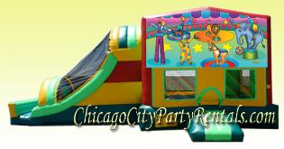 Circus Carnival Themed Bounce House Combo 4 in 1 is great for Carnival Themed parties & Celebrations! Great for any kids party or special event. Chicago moonwalk party rentals.