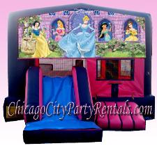 Disney Princess Moonwalk Rental 3 in 1 Bouncer Rental Chicago & Suburbs Illinois.  Inflatable Jumper Features a Slide & Basketball Hoop.  Delight Your Little Princess with this Awesome Moon Jump.  Characters Featured are Snow White, Sleeping Beauty, Cinderella, Jazmin & Belle.  Disney Princess Jumping Jack Rental.