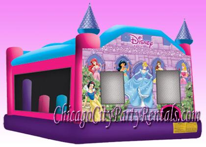 Chicago Moonwalks Rental, Combos & Slides.  A magical Disney Princess Castle 5 in 1 Combo, perfect for your little darling.  Includes Obstacles, Slide, Climbing wall, Basketball Hoop & Large Jump area.  This moonwalks will be the highlight of your event.  Bounce house looks like a Royal Castle, and has beautiful colors, and features Princesses.