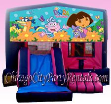 Dora The Explorer Party Rental Moonwalk Combo.  Dora The Explorer Slide 3 in 1 Party Rental Chicago. Dora Dora, Swiper & Boots Characters Featured on this Adorable, Fun combo Inflatable Castle Bounce House. If you need a Moon Jump with a Slide, this Kids Inflatable is Just Right.