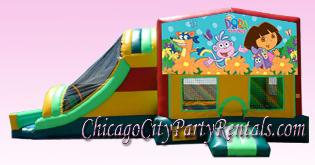 Dora The Explorer Moonwalk Combo. Chicago Moon Bounce, MoonBounce Rental.  Moon Walk, Inflatable. Everyone�s Favorite Themed Character Party Rental. Sponge Bob Square Pants Combo Features Large Jumpy Area, Slide, Hoop, & Climbing Wall.