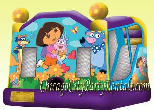 Rent a Dora The Explorer & Friends Deluxe Combo Moonwalk. Chicago Moon Bounce, MoonBounce Rental.  Moon Walk, Inflatable. Everyone�s Favorite Themed Character Party Rental. Sponge Bob Square Pants Combo Features Large Jumpy Area, Slide, Hoop, & Climbing Wall.