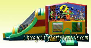 Halloween Party in Chicago, Rent a  Combo Bounce House in Chicago.  This Moonwalk rental features Large Jumpy Area, Slide, Basketball Hoop Game, Climber wall.  Children�s Party Entertainment Rentals provided by Chicago Moonwalks, Delivered always Clean & Sanitized.