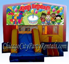 Happy Birthday Theme Party Rental 3 in 1 combo Moonwalk Chicago, Illinois. Chicago Kids Party Rentals, Bounce Houses are A Perfect Addition. This Inflatable Jumping Jack will Provide Hours of Fun for Childrens Celebrations. Rent a Jumper with a Slide.  Includes Basketball Hoop, Large Jumping Area.