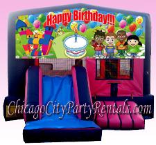 Happy Birthday Party Rental Combo Moonwalk Illinois. Chicago Kids Party Rentals, Bounce Houses are A Perfect Addition. This Inflatable Jumping Jack will Provide Hours of Fun for Childrens Celebrations. Rent a Jumper with a Slide.  Includes Basketball Hoop, Large Jumping Area.