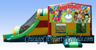 Happy Birthday Themed Bounce House Combo Inflatable Moon Jump.This Inflatable castle includes slide, basketball hoop, climbing wall, and jumpy area.  Rent a bouncer, to make the party even better you can add a yummy concession machine.  We have Frozen Drink machines, Chilli machines, Hot Dog Grills, and many more.