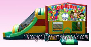 Happy Birthday Themed Bounce House Combo Inflatable Moon Jump.This Inflatable castle includes slide, basketball hoop, climbing wall, and jumpy area.  Rent a bouncer, to make the party even better you can add a yummy concession machine.  We have Popcorn machines, nacho machines, cotton candy, and many more.