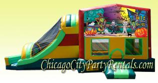 Halloween Party Moonwalk for Rental, This is a Haunting Moon Bouncer, Chicago Illinois Rental. A Moon Jump will Add Fun & Entertainment. Great Rental for Children, will provide Entertainment & Enjoyment.  Cute not Scary Characters Featured on this Bounce House.  Inflatable Jumping Balloon will be the hit of the Party, Event, or Celebration.