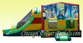 Looney Tunes Bounce House Rental, inflatable moon walk for kids party Illinois.  Moonwalks provide entertainment and fun for children. This jumping balloon includes slide, basketball hoop, climber wall & Large bouncing area. Features Tweety Bird, and Bugs Bunny. Or you can choose the Character Panel of your Choice.