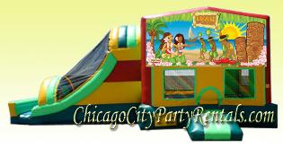Tropical Luau Inflatable Combo.  Make your event memorable, Rent an Inflatable Moonwalk.  Bouncy Castles provide entertainment. Adding a Refreshing Frozen Margarita Machine rental will complete your celebration.  Chicago Inflatable rentals. Bounce House Inflatable.