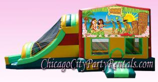 Tropical Luau Bounce House Castle.  Make your event memorable, Rent an Inflatable Moonwalk.  Bouncy Castles provide entertainment. Adding a Refreshing Frozen Margarita Machine rental will complete your celebration.  Chicago Inflatable rentals.