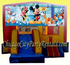Mickey Mouse Combo 3 in 1 Party Rental Bounce House Chicago.  This Jumping Jack Features Mickey Character, Minnie Mouse, Donald Duck, Daisy Duck & Goofy. Themed Character Party Rental Completes Your Celebration in Style, and It Entertains Children With a Slide & Basket Ball Hoop as Well.