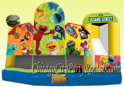 Elmo Combo Inflatable Rental Chicago.  All your favorite Sesame Street characters, including Elmo & Big Bird.  Great Bounce House Combo Features Slide, Obstacles, Climber wall, Basket ball hoop, and Large Jumping Area.  Amazing for any Children�s birthday party, Hours of joy and delight are guaranteed.  Rent in Chicago, or Illinois suburbs.