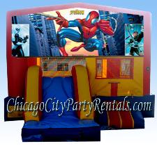 Spider Man Moonwalk Rental.  Combo 3-1 Features Slide, Basketball Hoop. Chicago Moonwalks Provides Clean & Sanitized Bounce House Rentals.  Character Themed Party Rental.  Every Little Boy Wants Spiderman At His Party.  Be a Super Hero and reserve one Today.
