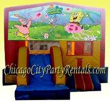 SpongeBob Squarepants Combo Bounce House Rental Moonwalk Chicago, A Sure Hit with Boys & Girls at Your Party.  Everyones Favorite Character Party Rental Bounce House. This Inflatable Moon Jump Features Slide, Basketball Hoop, and Large Jumping Area.  Be Sure to Get a Combo for Maximum Enjoyment.