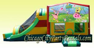 Spongebob SquarePants 4 in 1 Inflatable Rental, Combo Moonwalk. Chicago Moon Bounce, MoonBounce Rental.  Moon Walk, Inflatable. Everyone�s Favorite Themed Character Party Rental. Sponge Bob Square Pants Combo Features Large Jumpy Area, Slide, Hoop, & Climbing Wall.