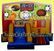 Sports Themed Combo Moonwalk Rental Illinois, Chicago & Suburbs.  A Great Addition to Any Party, Perfect for Boys & Girls. Corporate Events, Birthday Parties & Family Reunions. Includes Slide, Basket Ball Hoop. Chicago Area Party Rentals.  Rent in Illinois Suburbs.  Can be used for Backyards, Parks and Gymnasiums.