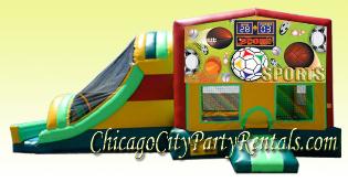 Sports Themed Bounce House, Moonwalk Rental in Chicago, Large Combo Inflatable, rent a combination moonwalk.  Includes slide, basket ball hoop.  Have fun in this moon jump.  Great for Kids birthday celebrations, and parties.  Rent one for your next event. This theme is great for any boys and girls party.