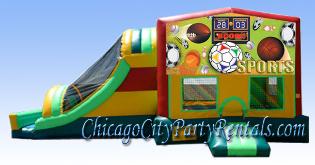 Sports Themed 4 in 1 Large Combo Inflatable, rent a combination moonwalk.  Includes slide, basket ball hoop.  Have fun in this moon jump.  Great for Kids birthday celebrations, and parties.  Rent one for your next event. This theme is great for any boys and girls party.
