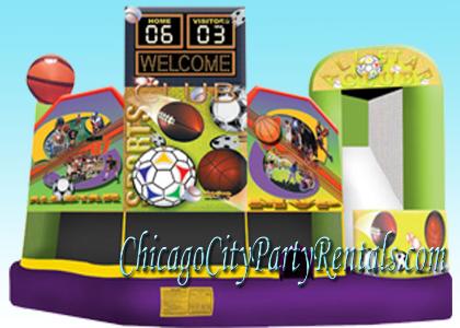 Chicago Party Rentals, Moonwalks & Bounce Houses. Sports Theme Bounce House Moonwalk Combo.  5 in 1 Inflatable jumper is the right moonjump for kids parties, family reunions, or just a day of fun.  This Grand Deluxe Jumping Jack is the perfect addition to your celebration.  Chicago Moonwalks, offers Clean, Bouncy, inflatables in Chicago & surrounding suburbs.