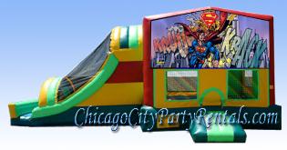 Superman Super Man Bounce House Combo Features Slide, Basketball Hoop, Climbing wall, and Large Jumping area, Chicago Illinois Bounce House Rentals & Combos. Rent a super hero jumper today!