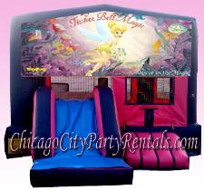 Disneys Tinkerbell Combo 3-1 Party Rental, Chicago Moonwalks Offers This Amazing Bounce House, Illinois Party Rental.  Featuring Slide & Basket Ball Hoop.  Large Jumpy Area, Safety Ramp. Little Girls Favorite Fairy, Pretty & Pink Jumper.