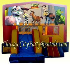 Toy Story 3 in 1 Combo Bouncer Includes Slide. Party Rental Chicago, Rent this Themed Character Party Moonwalk. Features Buzz Lightyear & Woody.  Call to Reserve Your Bounce House Today. Slide, Bounce & Jump, Play Basketball, Hours of Enjoyment for Children.