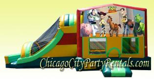 Toy Story Bounce House Rental in Chicago with Obstacle Course, Basketball Hoop, Climbing Wall and slide.  This moonjump will entertain children at your next party.  Rent a moon walk today. Features your Favorite Character Party Rentals & Entertainers, Buzz Light Year, Woody and all the Popular personalities are a sure hit at any Birthday Event. Combination Combo.