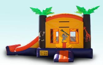 Inflatable Tropical 3-1 Bounce House Rental Chicago, Great Luau Themed Moonwalk. Children Party Rental Chicago Illinois.  Features a Slide & Basketball Hoop. If you are planning a Luau Party, this will be the children's highlight!