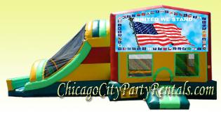 United We Stand, Patriotic Moonwalk, Rent a Combo Inflatable for your party.  This Bounce House includes slide, basket ball hoop, jumpy area and climbing wall.  Large Moon Jump for Rent in Illinois. Available for rental today!