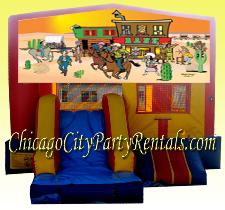 Cowboy Moonbounce rental Chicago, Bouncy Castle with a Western Theme, Features cowboys and cowgirls