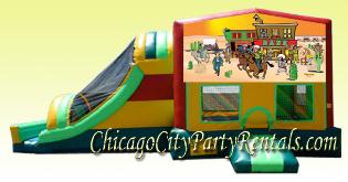 Western Cowboy Themed Combo Bounce House in Chicago.  This Moonwalk rental features Large Jumpy Area, Slide, Basketball Hoop Game, Climber wall.  Children�s Party Entertainment Rentals provided by Chicago Moonwalks, Delivered always Clean & Sanitized.