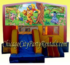Disney's Winnie The Pooh Moonwalk Rental. Jumping Jack Character Party Rental, Chicago. Inflatable Moonbounce Features Tigger & Eeeyore too. This Combo Moonjump Has Safety Ramp & Slide.  Reserve in advance for any event in Chicago Illinois & Surrounding Suburbs. Bounce House Rental in Chicago.